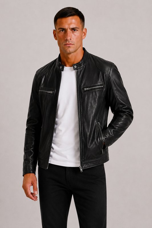 Diego | Chaqueta Biker de Cuero con Doble Costura y Diseño Clásico para Hombre
