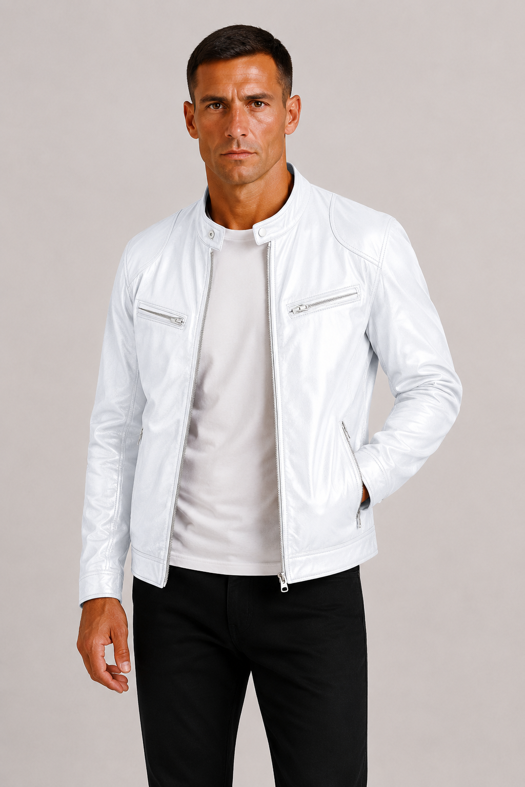 Diego | Chaqueta Biker de Cuero con Doble Costura y Diseño Clásico para Hombre