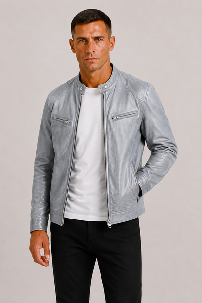Diego | Chaqueta Biker de Cuero con Doble Costura y Diseño Clásico para Hombre