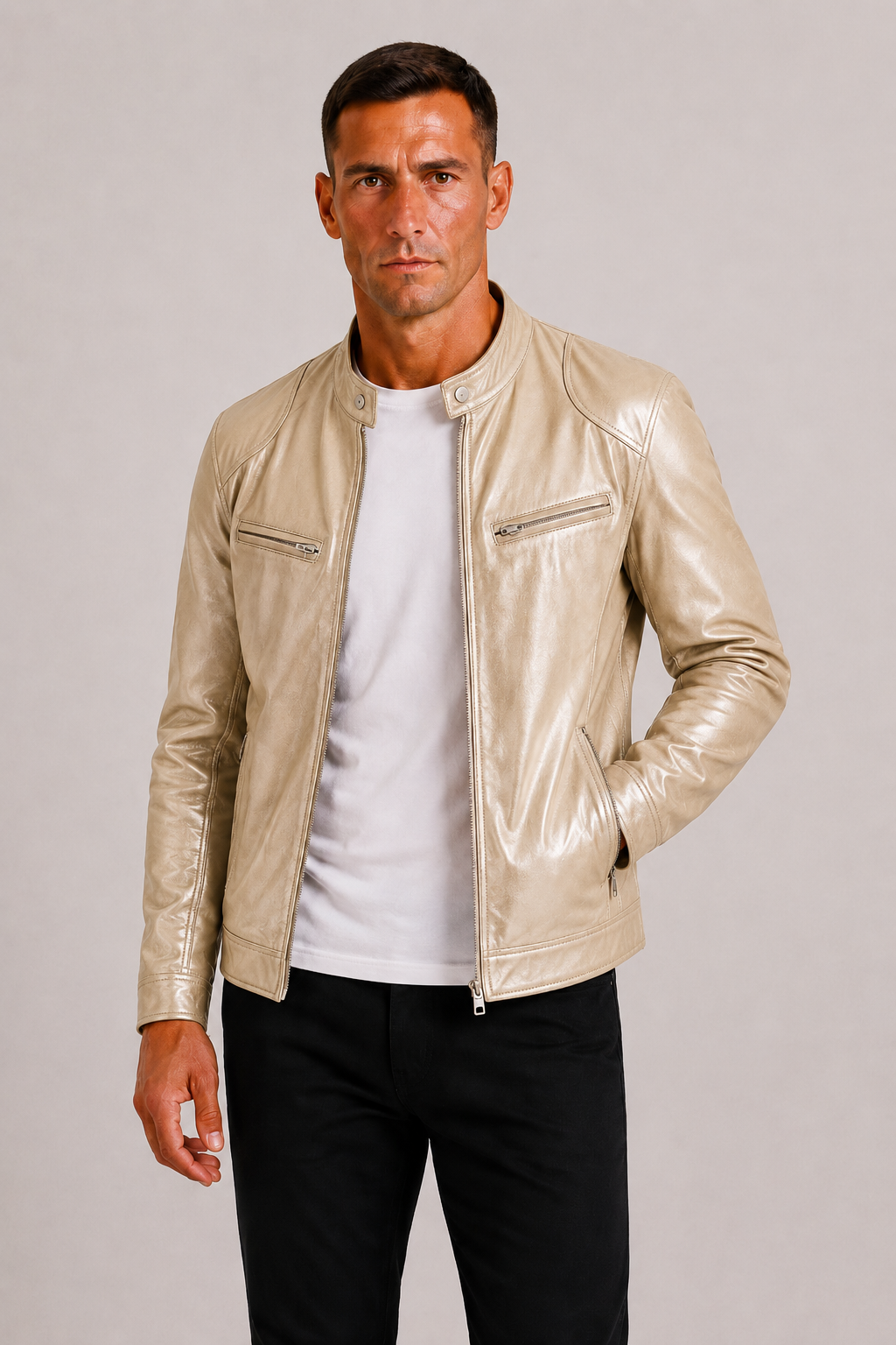 Diego | Chaqueta Biker de Cuero con Doble Costura y Diseño Clásico para Hombre