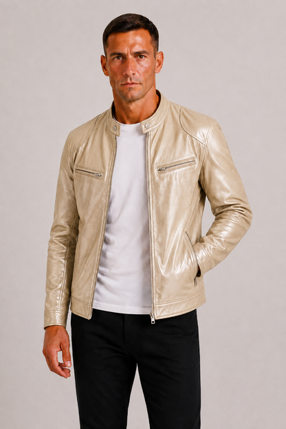 Diego | Chaqueta Biker de Cuero con Doble Costura y Diseño Clásico para Hombre