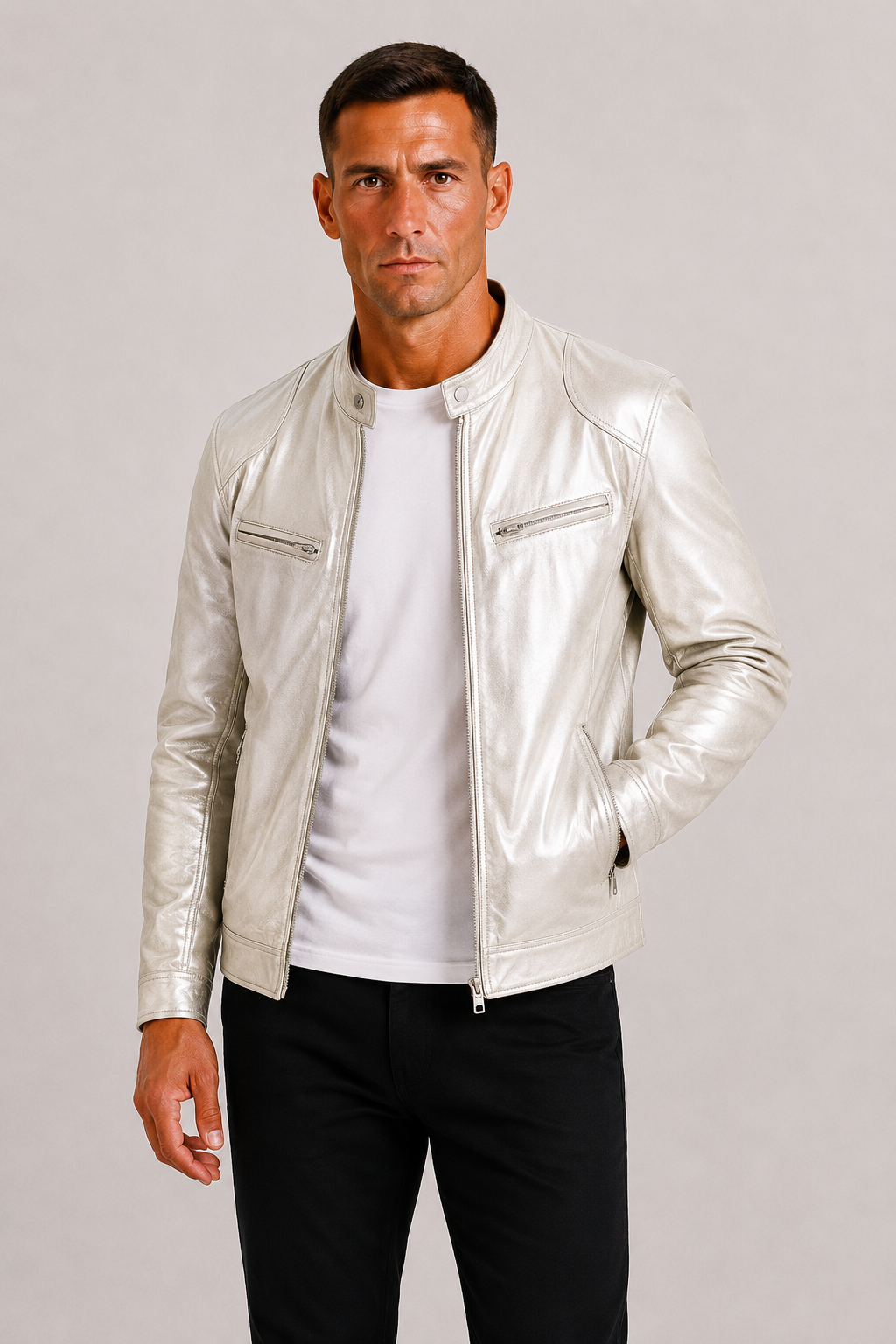 Diego | Chaqueta Biker de Cuero con Doble Costura y Diseño Clásico para Hombre