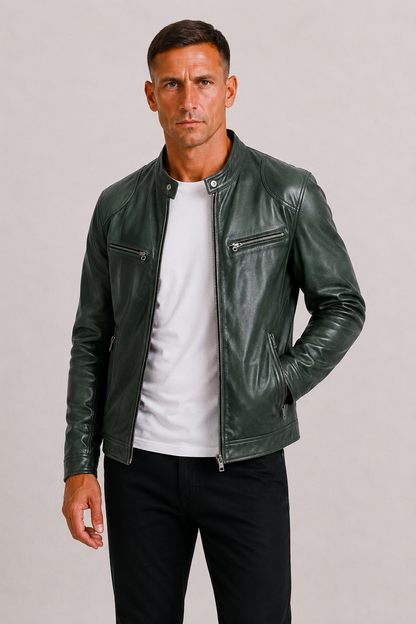 Diego | Chaqueta Biker de Cuero con Doble Costura y Diseño Clásico para Hombre