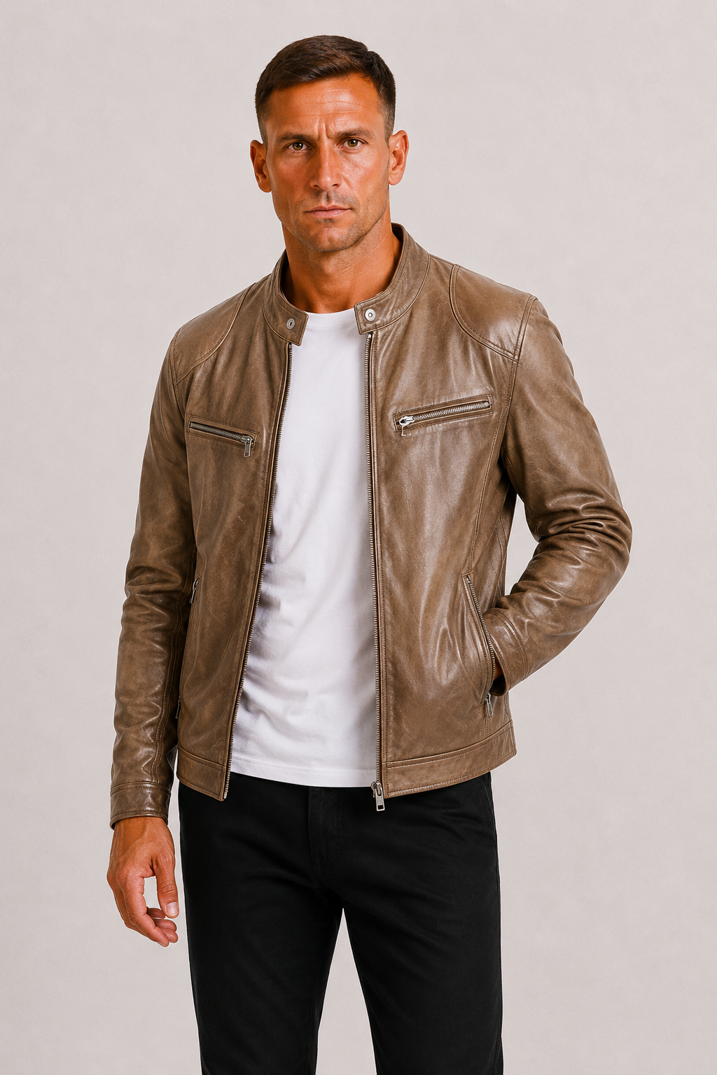 Diego | Chaqueta Biker de Cuero con Doble Costura y Diseño Clásico para Hombre