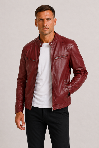 Diego | Chaqueta Biker de Cuero con Doble Costura y Diseño Clásico para Hombre