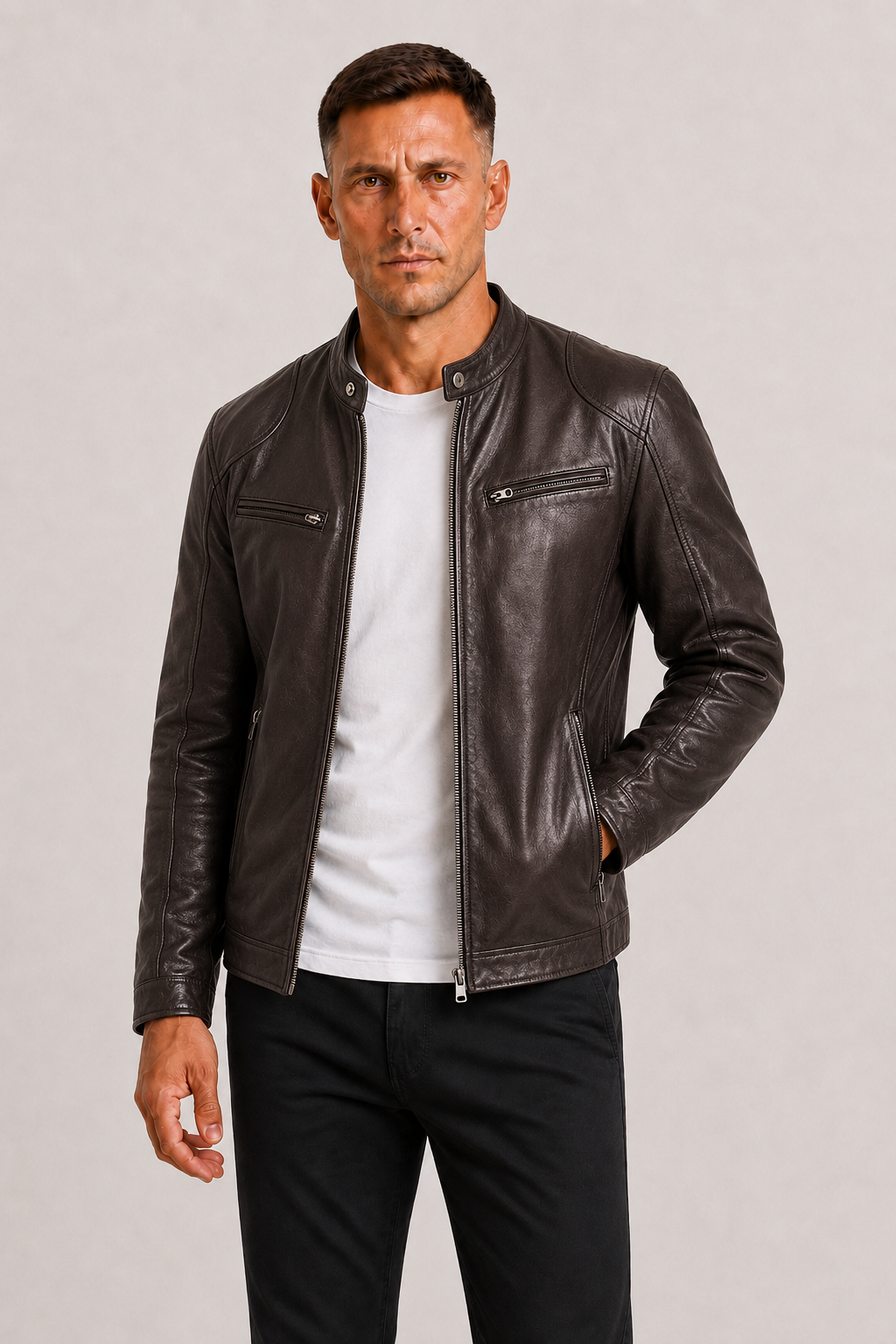 Diego | Chaqueta Biker de Cuero con Doble Costura y Diseño Clásico para Hombre