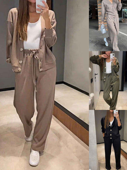 Conjunto de punto ligero con cárdigan y pantalón para mujer, cómodo y elegante para primavera-verano