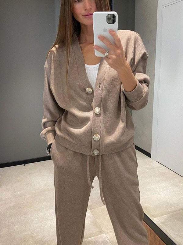Conjunto de punto ligero con cárdigan y pantalón para mujer, cómodo y elegante para primavera-verano