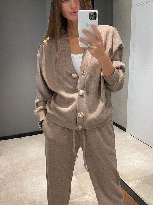 Conjunto de punto ligero con cárdigan y pantalón para mujer, cómodo y elegante para primavera-verano