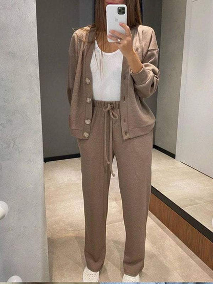 Conjunto de punto ligero con cárdigan y pantalón para mujer, cómodo y elegante para primavera-verano
