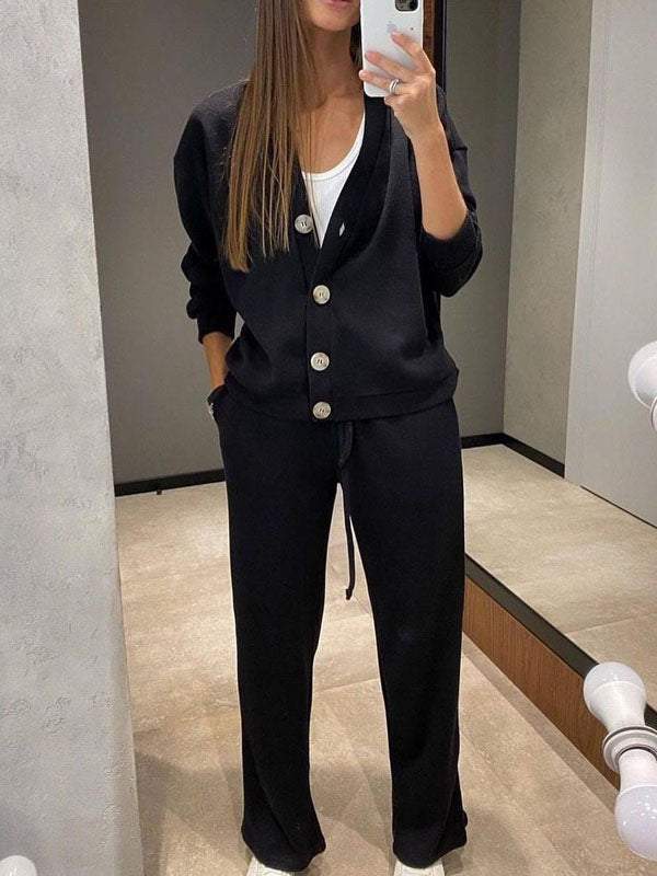 Conjunto de punto ligero con cárdigan y pantalón para mujer, cómodo y elegante para primavera-verano