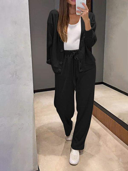 Conjunto de punto ligero con cárdigan y pantalón para mujer, cómodo y elegante para primavera-verano