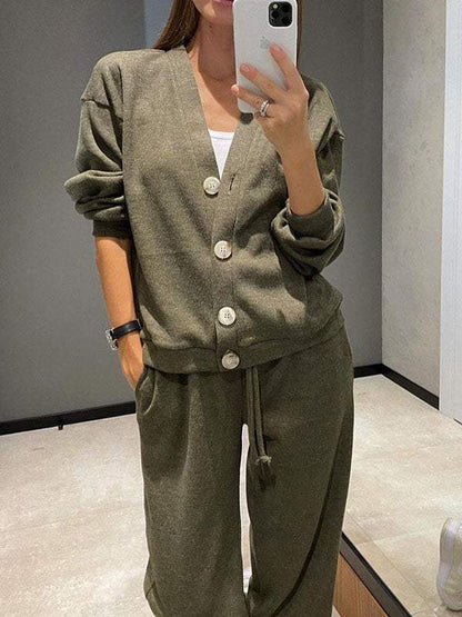 Conjunto de punto ligero con cárdigan y pantalón para mujer, cómodo y elegante para primavera-verano