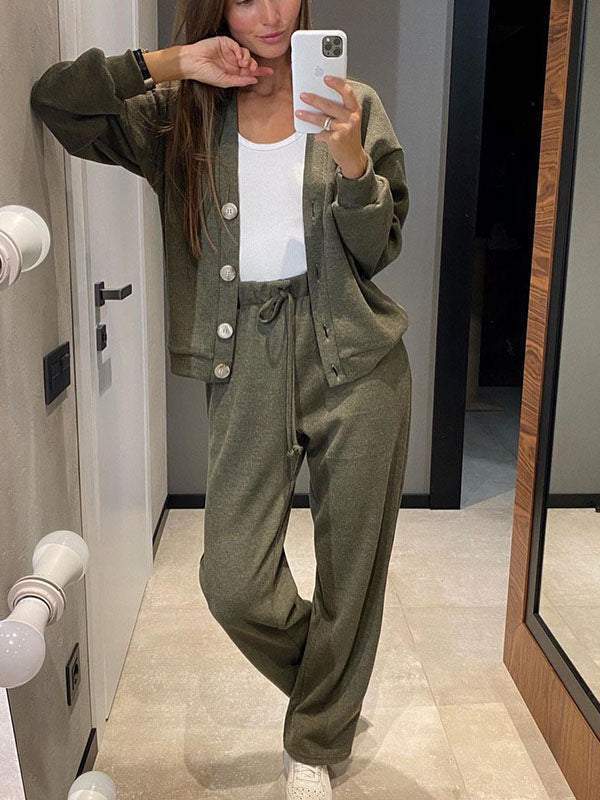 Conjunto de punto ligero con cárdigan y pantalón para mujer, cómodo y elegante para primavera-verano