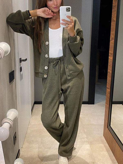 Conjunto de punto ligero con cárdigan y pantalón para mujer, cómodo y elegante para primavera-verano