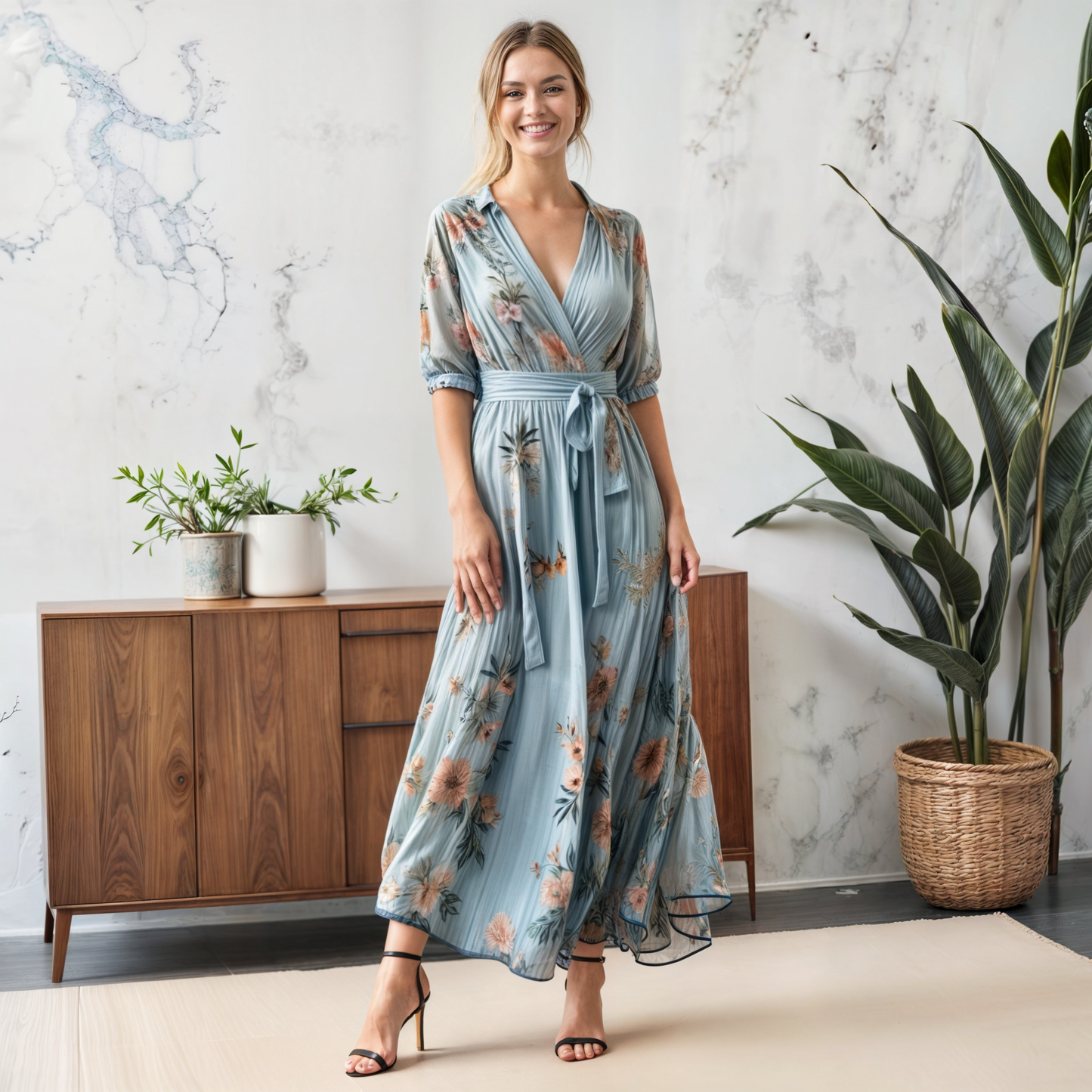 Vestido Midi Con Cuello Redondo Para Mujer - Cómodo Y Elegante