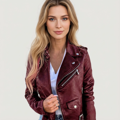 Sofía | Chaqueta Biker de Cuero Artificial con Cremallera y Bolsillo para Mujer