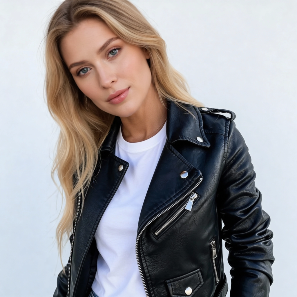 Sofía | Chaqueta Biker de Cuero Artificial con Cremallera y Bolsillo para Mujer