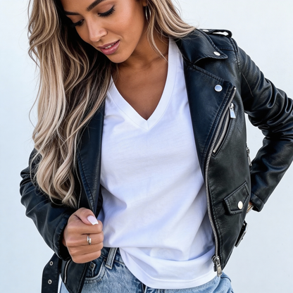Sofía | Chaqueta Biker de Cuero Artificial con Cremallera y Bolsillo para Mujer