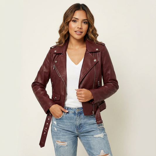 Sofía | Chaqueta Biker de Cuero Artificial con Cremallera y Bolsillo para Mujer