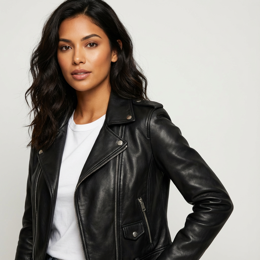 Sofía | Chaqueta Biker de Cuero Artificial con Cremallera y Bolsillo para Mujer