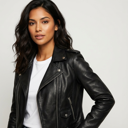 Sofía | Chaqueta Biker de Cuero Artificial con Cremallera y Bolsillo para Mujer