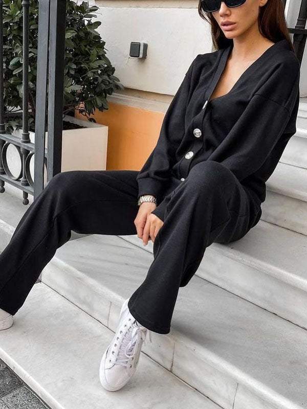 Conjunto de punto ligero con cárdigan y pantalón para mujer, cómodo y elegante para primavera-verano