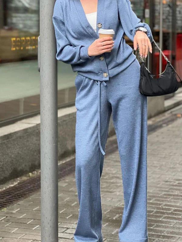 Conjunto de punto ligero con cárdigan y pantalón para mujer, cómodo y elegante para primavera-verano