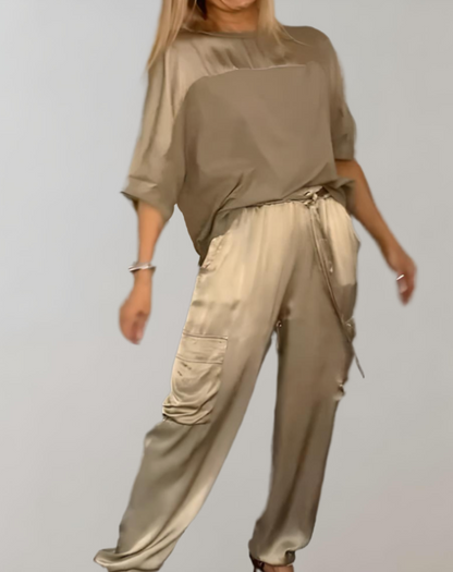 Conjunto de satén con blusa fluida y pantalón de talle alto para mujer, elegante y ligero para fiesta o evento