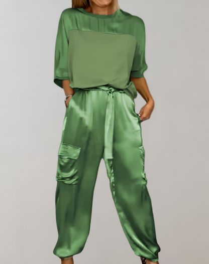 Conjunto de satén con blusa fluida y pantalón de talle alto para mujer, elegante y ligero para fiesta o evento