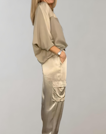 Conjunto de satén con blusa fluida y pantalón de talle alto para mujer, elegante y ligero para fiesta o evento