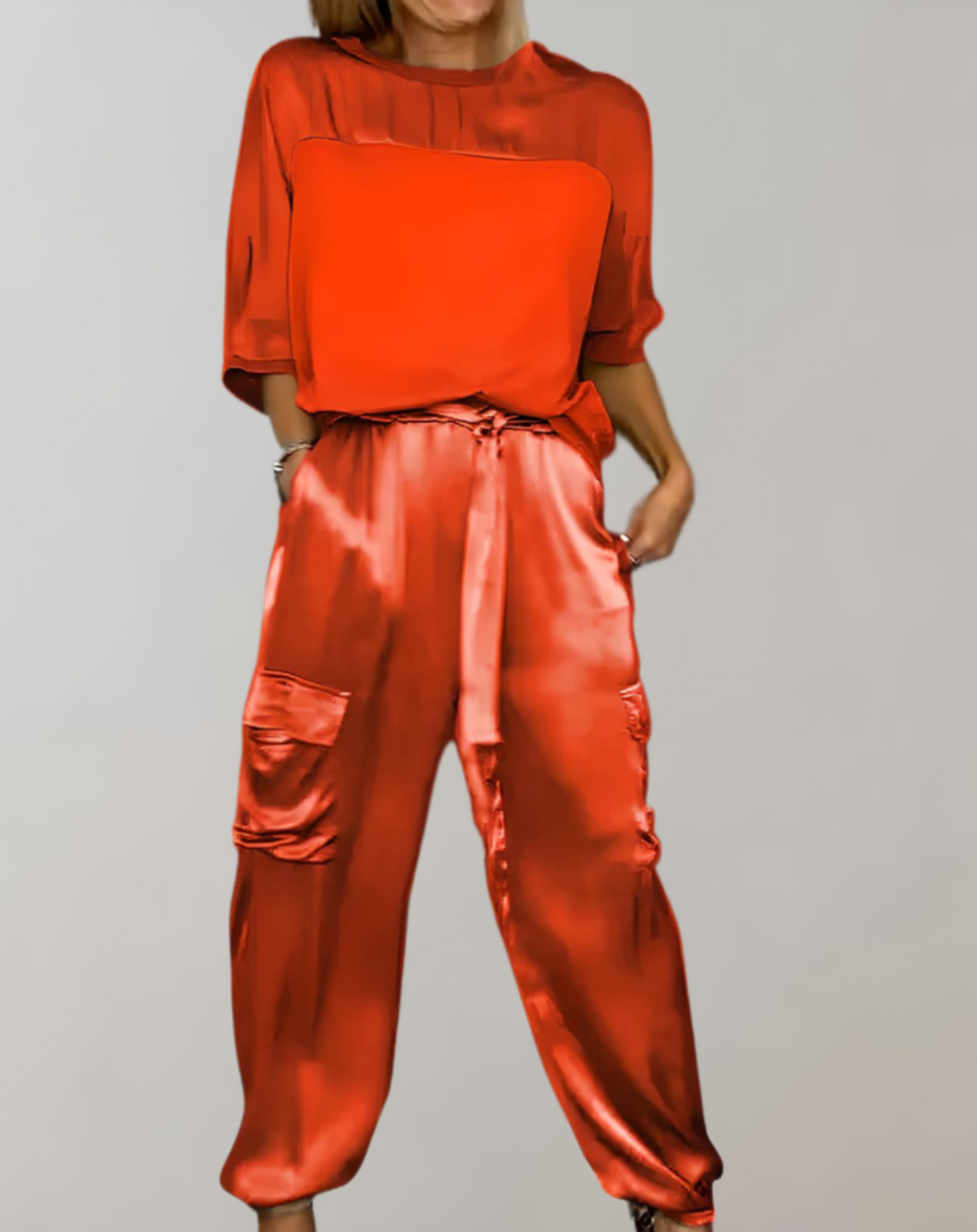 Conjunto de satén con blusa fluida y pantalón de talle alto para mujer, elegante y ligero para fiesta o evento