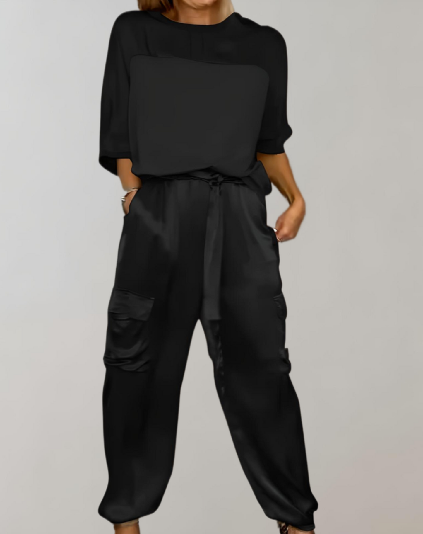 Conjunto de satén con blusa fluida y pantalón de talle alto para mujer, elegante y ligero para fiesta o evento