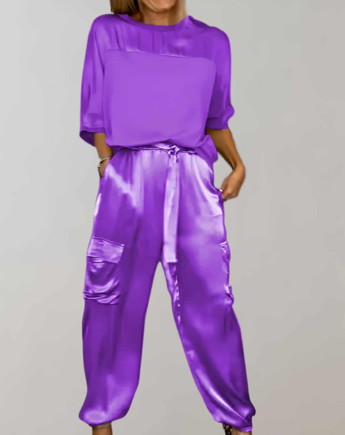 Conjunto de satén con blusa fluida y pantalón de talle alto para mujer, elegante y ligero para fiesta o evento