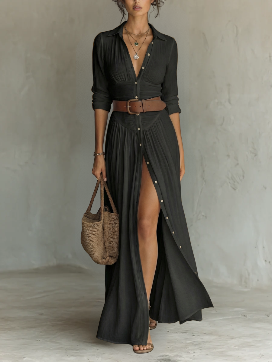 Vestido Maxi con Cuello de Solapa | Estilo Clásico