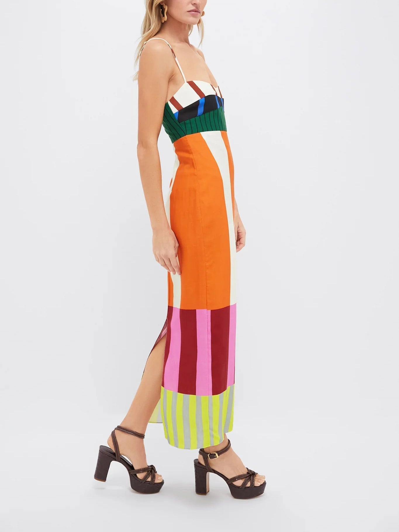 Vestido maxi sin tirantes con estampado de rayas multicolor para mujer, ligero y elegante para verano o fiesta