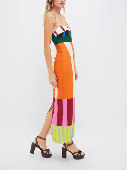 Vestido maxi sin tirantes con estampado de rayas multicolor para mujer, ligero y elegante para verano o fiesta