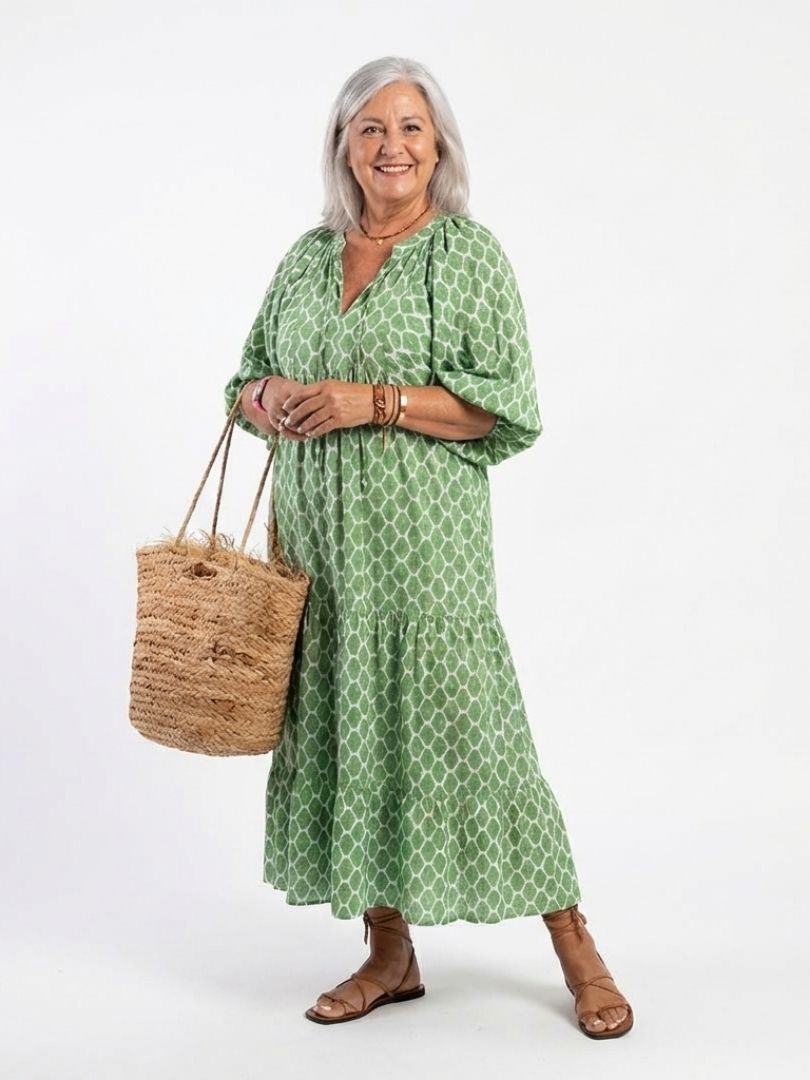Vestido midi de manga tres cuartos con cuello en V y estampado, holgado y elegante para mujer