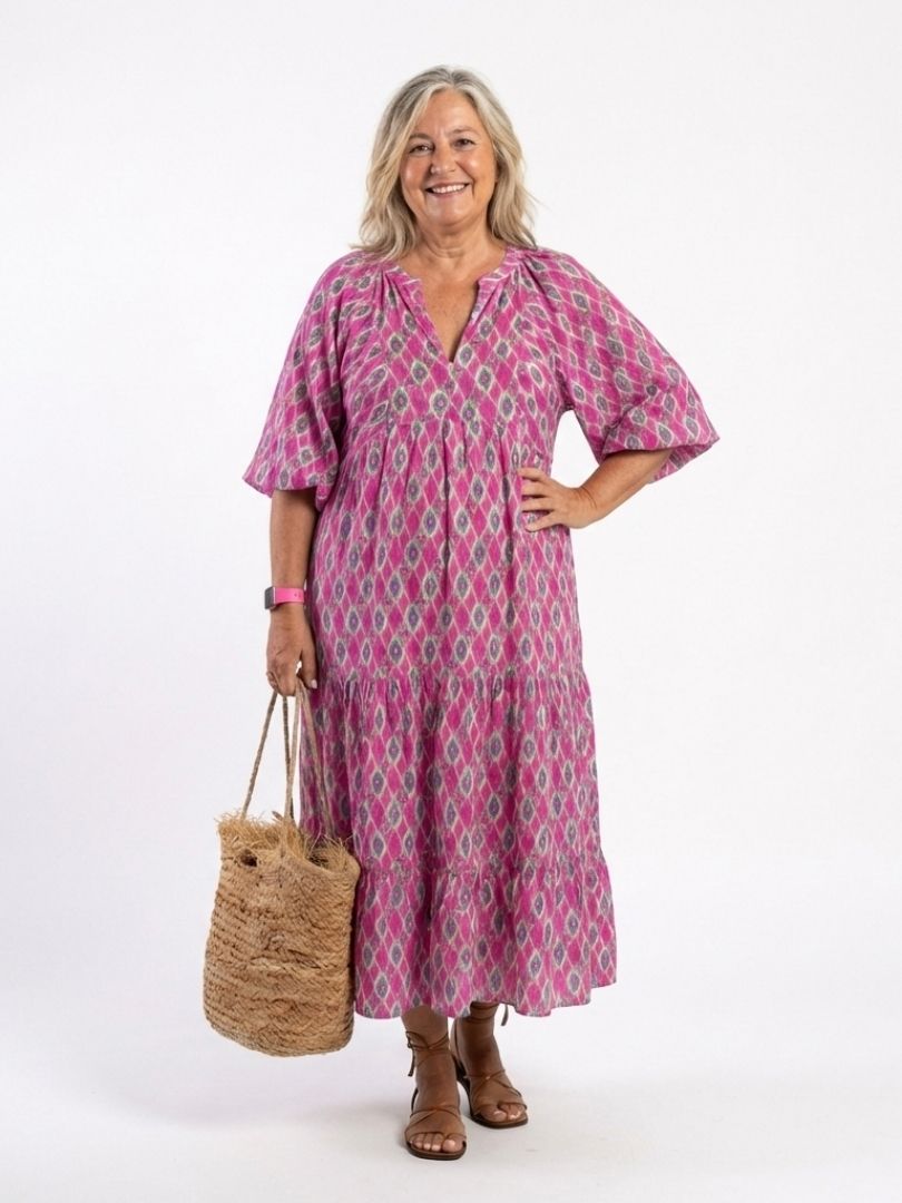 Vestido midi de manga tres cuartos con cuello en V y estampado, holgado y elegante para mujer