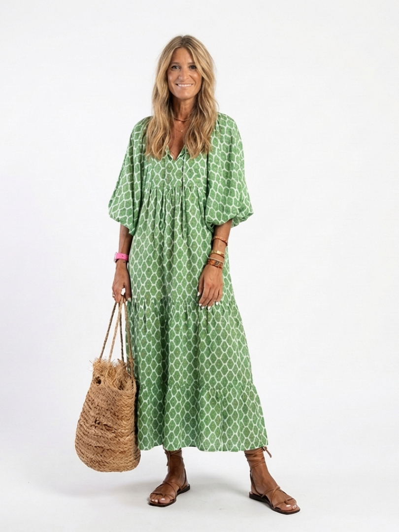 Vestido midi de manga tres cuartos con cuello en V y estampado, holgado y elegante para mujer