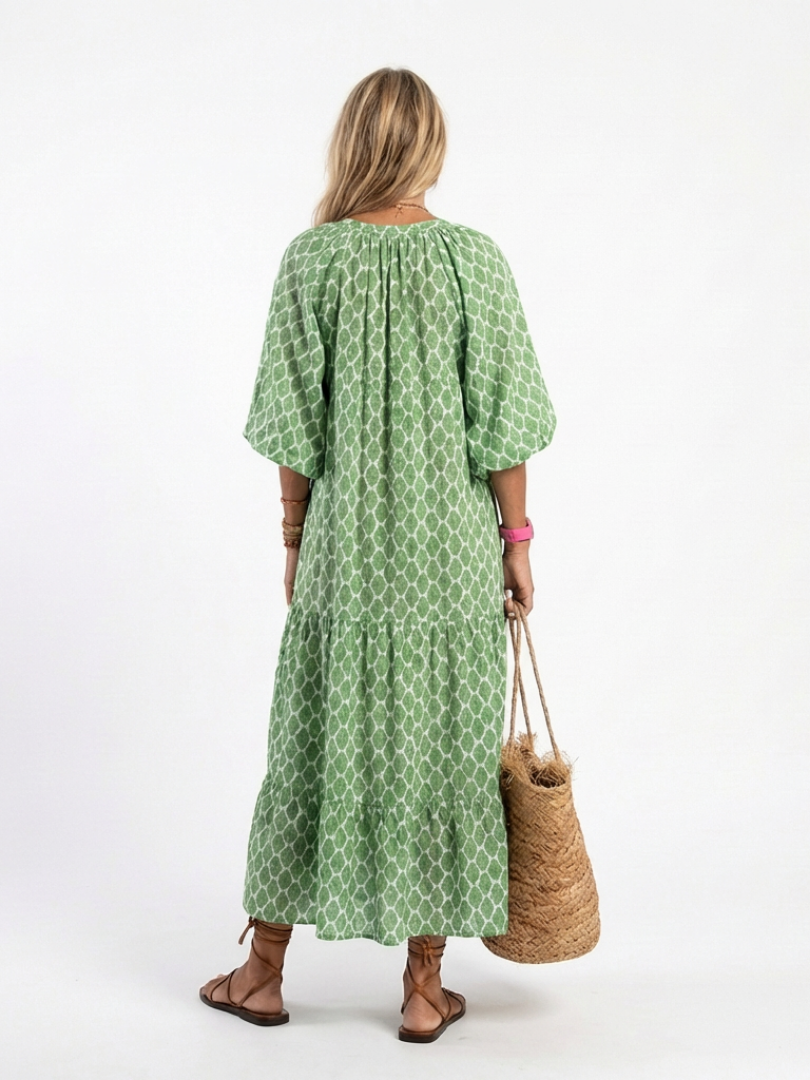 Vestido midi de manga tres cuartos con cuello en V y estampado, holgado y elegante para mujer
