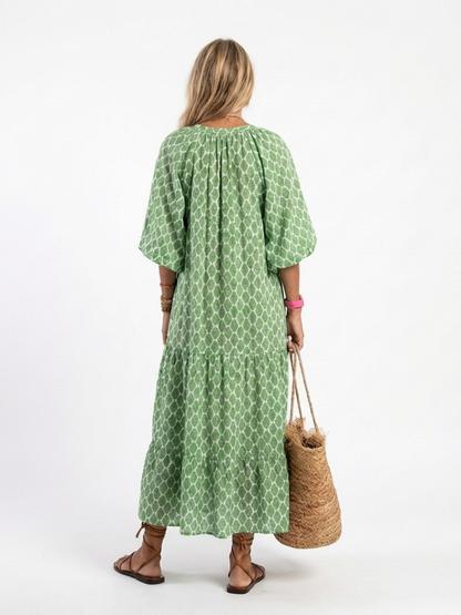 Vestido midi de manga tres cuartos con cuello en V y estampado, holgado y elegante para mujer