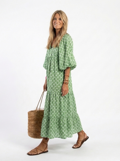 Vestido midi de manga tres cuartos con cuello en V y estampado, holgado y elegante para mujer