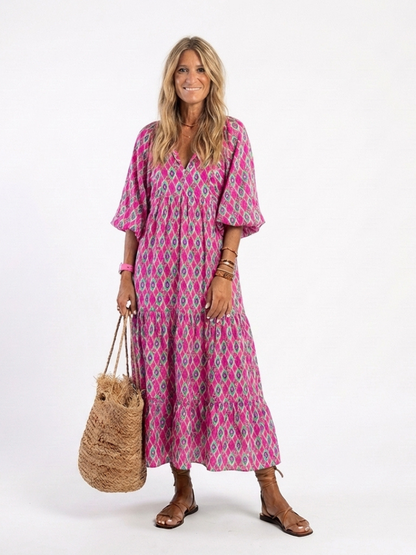 Vestido midi de manga tres cuartos con cuello en V y estampado, holgado y elegante para mujer