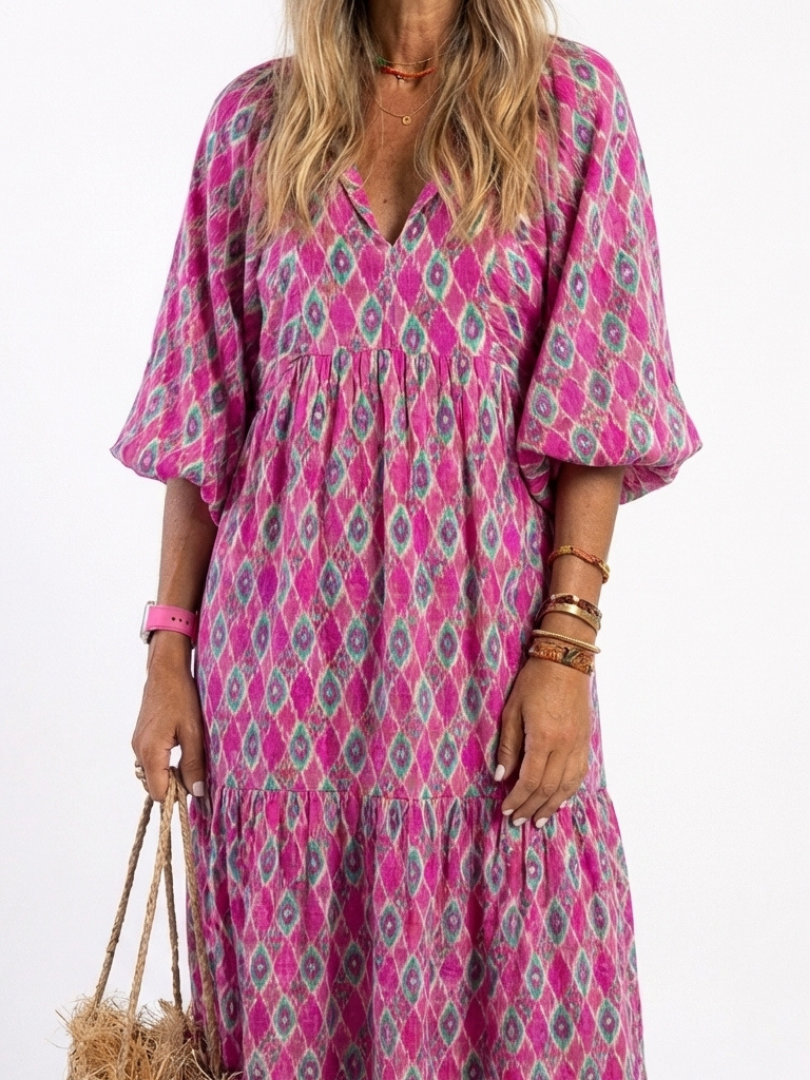 Vestido midi de manga tres cuartos con cuello en V y estampado, holgado y elegante para mujer