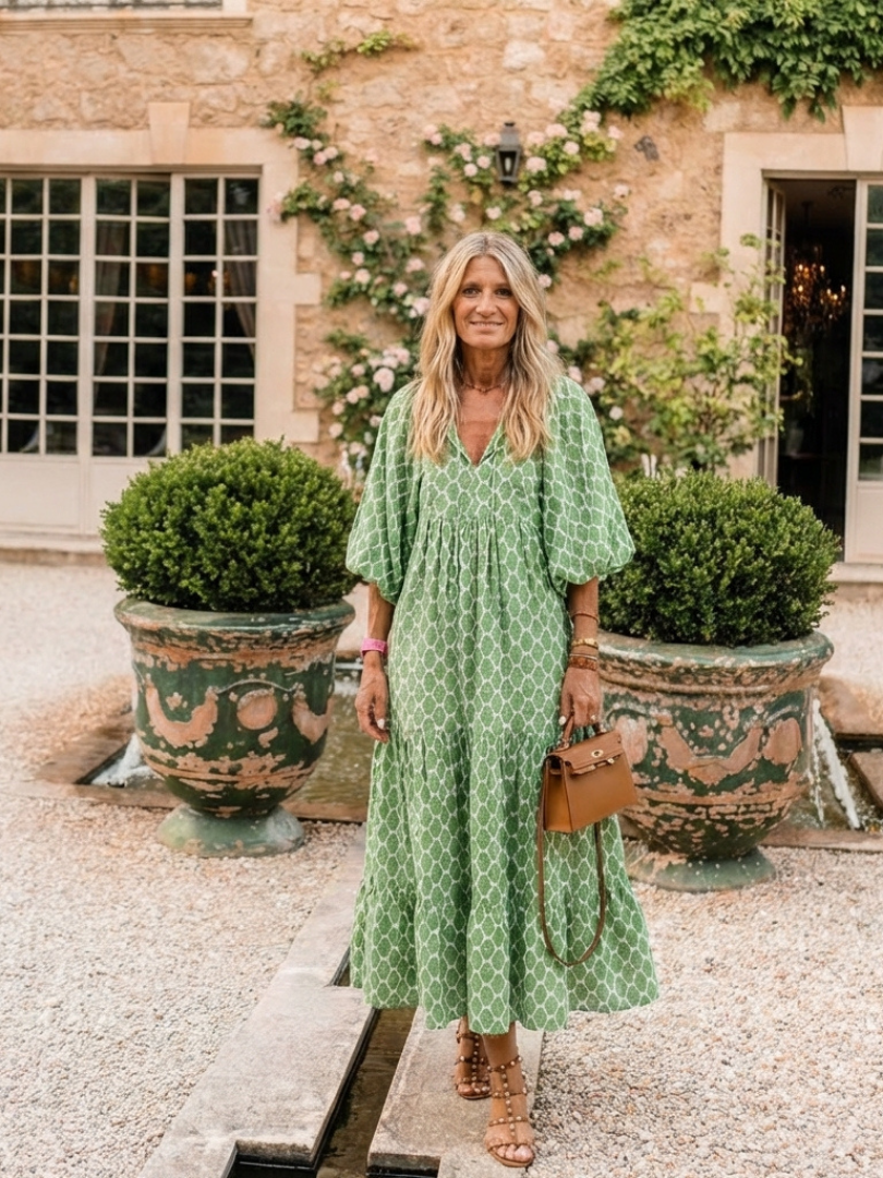 Vestido midi de manga tres cuartos con cuello en V y estampado, holgado y elegante para mujer