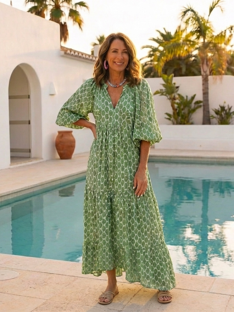 Vestido midi de manga tres cuartos con cuello en V y estampado, holgado y elegante para mujer