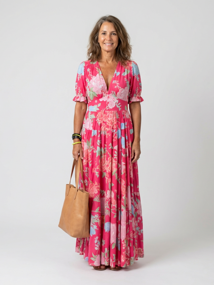 Vestido midi con cuello en V floral en Rosa y Azul claro - fresco y elegante