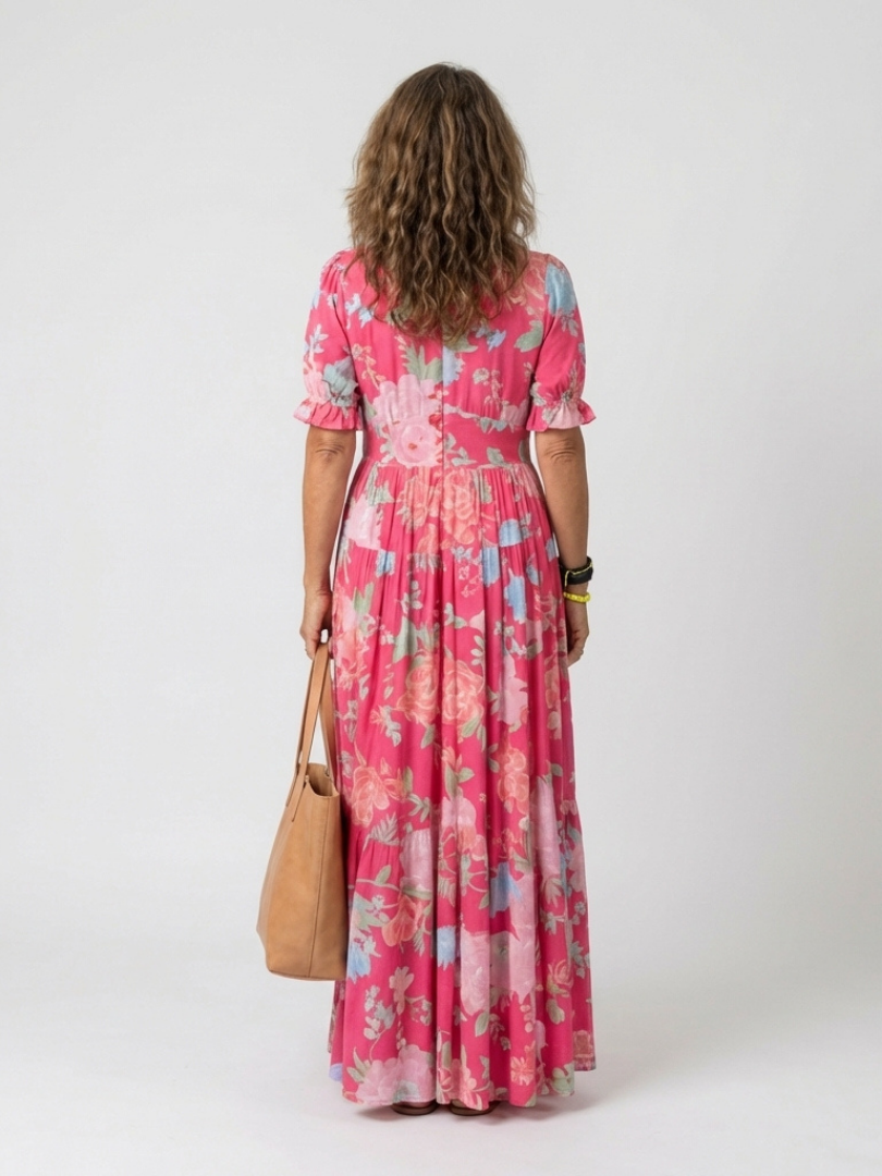 Vestido midi con cuello en V floral en Rosa y Azul claro - fresco y elegante