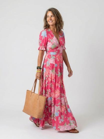 Vestido midi con cuello en V floral en Rosa y Azul claro - fresco y elegante
